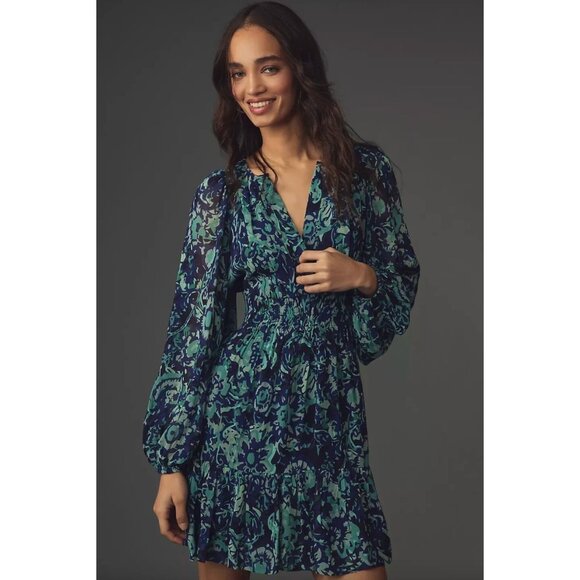 ANTHROPOLOGIE Somerset Blue Floral Chiffon Long Sleeve Mini Dress, Size S - Picture 1 of 13